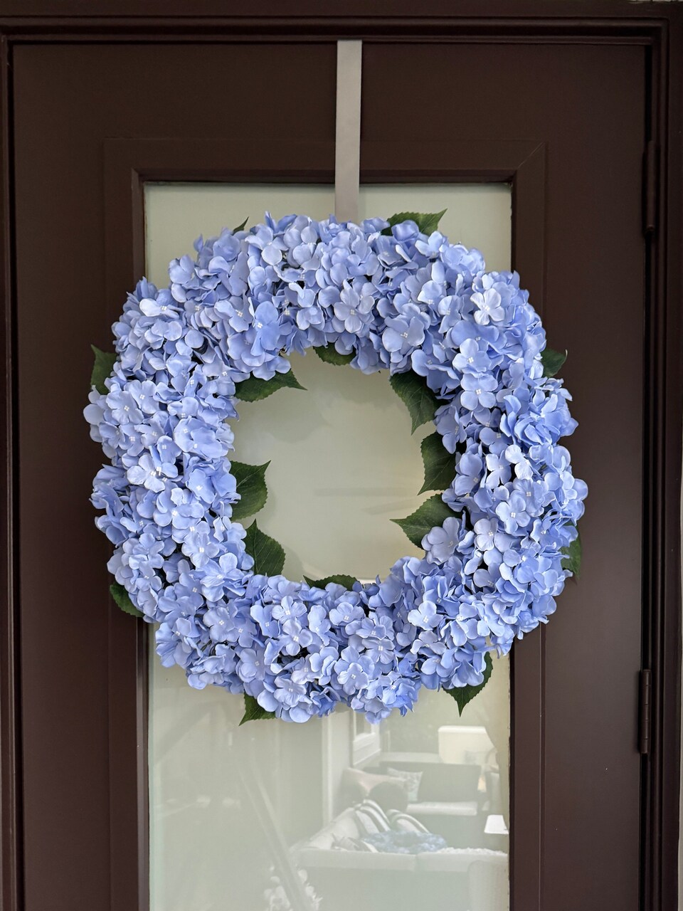 Capri Large Blue Silk Hydrangea Wreath 23” All-Season UV Resistant Front Door Wreath with 16 Hydrangea Heads on Natural Grapevine